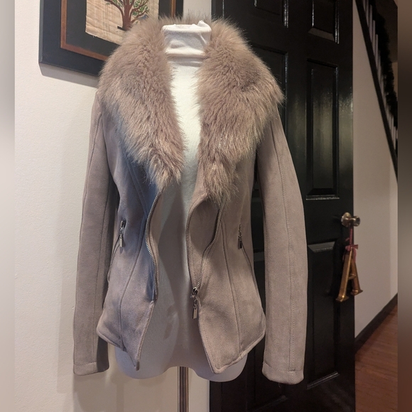 Beige Teddy Jacket with Plush Fur Collar and Fitted Design - Picture 10 of 10